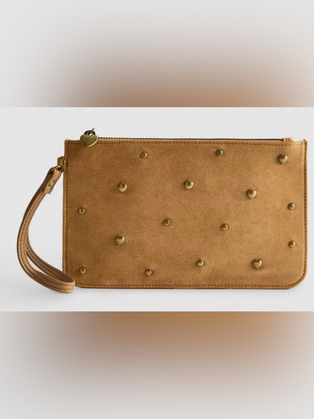 Primark Tan Suede Wristlet Pouch with Heart Studs
